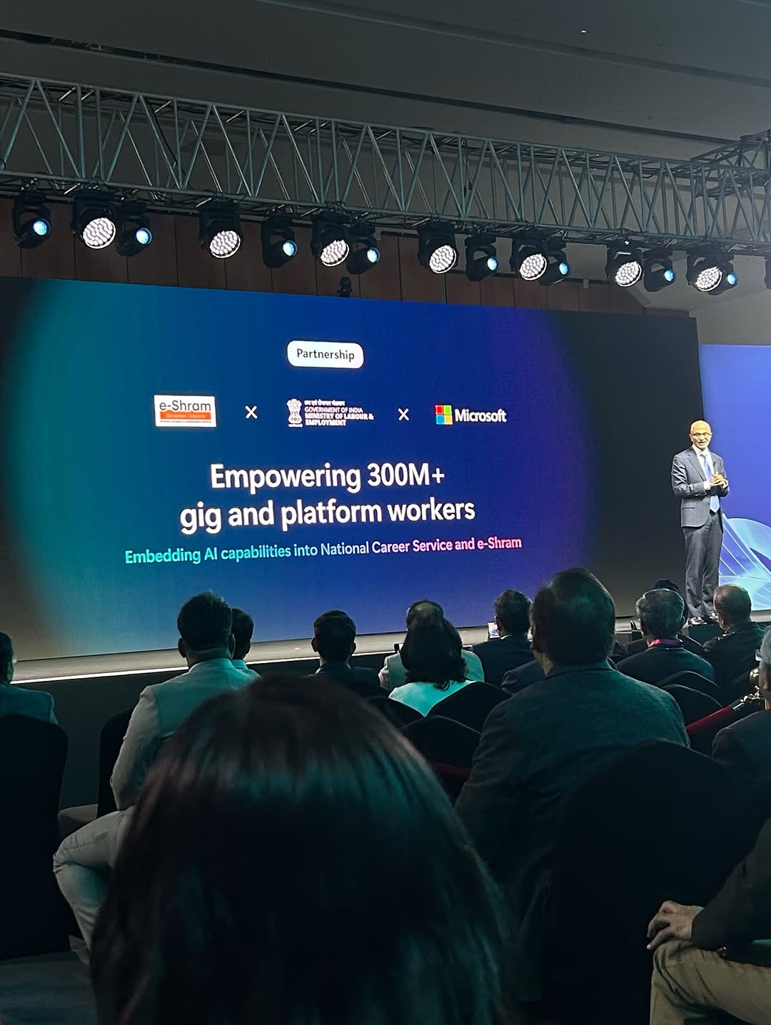 Satya Nadella on stage at Microsoft Leadership Connection Bangalore announcing the e-Shram partnership
